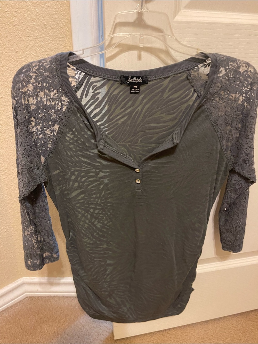 South Pole Gray Lace-Sleeve Henley Top